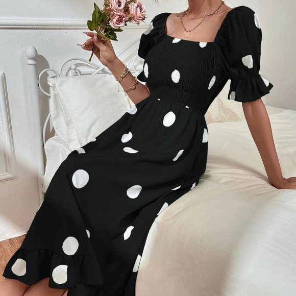 Black Boho Womens Polka Dot Print Puff Sleeve Shirred Ruffle Hem Dress - Picture 5 of 5